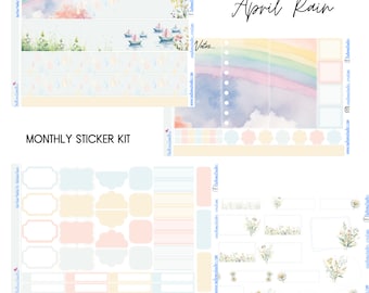 April Rain Monthly View | Planner Stickers, Vertical, Happy Planner, April, Rain, Puddles, Floral, OodlemaDoodles.