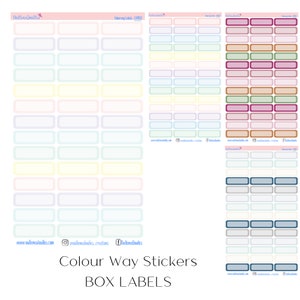 Puede incluir: Una hoja de etiquetas de caja de colores con bordes de diferentes colores. Las etiquetas están en blanco y listas para escribir. Las etiquetas son perfectas para organizar y etiquetar cajas.