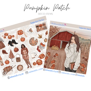 May include: A digital illustration of a pumpkin patch scene with a woman in a white sweater holding a book. The scene includes a red barn, pumpkins, and autumn foliage. There are also several stickers with pumpkin patch themed designs, including pumpkins, a pie, a coffee cup, and a wheelbarrow.