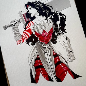 May include: A stylized ink and marker illustration of a warrior figure with long black hair, wearing silver and red segmented armor, red arm tattoos, and white hand wraps. The figure holds a large, heavy rectangular sword across their shoulders.