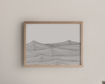 Waves Line Drawing Print, Minimalist Sea Art Print, Black and White Line Drawing, Beach Theme Bathroom Decor, Horizontal Ocean Line Art