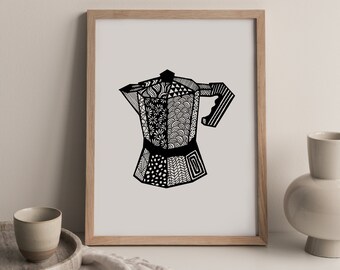 Italian Coffee Print, Kitchen Coffee Art, Macchinetta Illustration, Pour Over Coffee Drawing, Coffee Lovers Gift, Pen and Ink Drawing