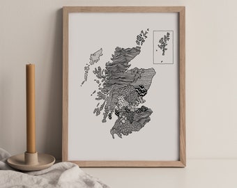 Scotland Print, Map Art Print, Black and White Illustration