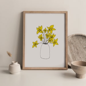 Daffodils Art Print, Welsh Gift, Yellow Floral Drawing, Wales Flower Wall Art, Daffodils Drawing, Dydd Santes Dwynwen Gift, Simple Artwork