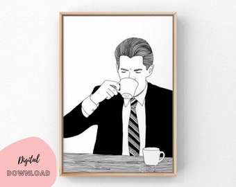 Printable Agent Cooper Wall Art, Twin Peaks Damn Fine Coffee, Instant Download, Black & White Art, Twin Peaks Printable, David Lynch Print