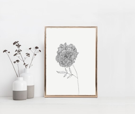 Marigold Flower Print Floral Drawing Mothers Day Gift | Etsy