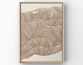 Printable Line Art, Oyster Mushrooms Abstract Wall Art, Botanical Artwork, Nature Inspired Home Decor, Natural Beige Tone, Neutral Earth Art