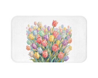Tappetino da bagno con bouquet di tulipani ad acquerello / Decorazione floreale per il bagno
