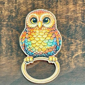 May include: A colorful owl-shaped keychain with a gold-colored ring. The owl features a detailed design with shades of orange, yellow, blue, and green. The keychain is made of wood or a similar material.
