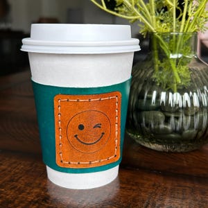 Handmade Teal Leather Cup Cozie: Happy Face Coffee Sleeve