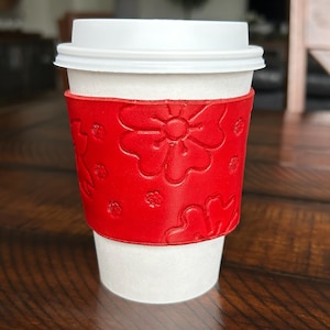Handmade Leather Coffee Cup Sleeve: Red Flower Design