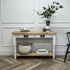 Farmhouse Console Table With Rustic Pine Wood Top and Turned Legs