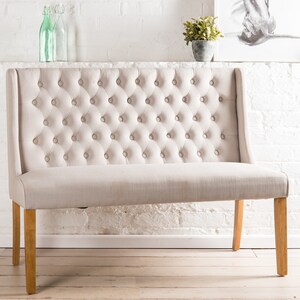 Mowbray 2 seater upholstered bench. Square style with button back in light grey Dining Chair