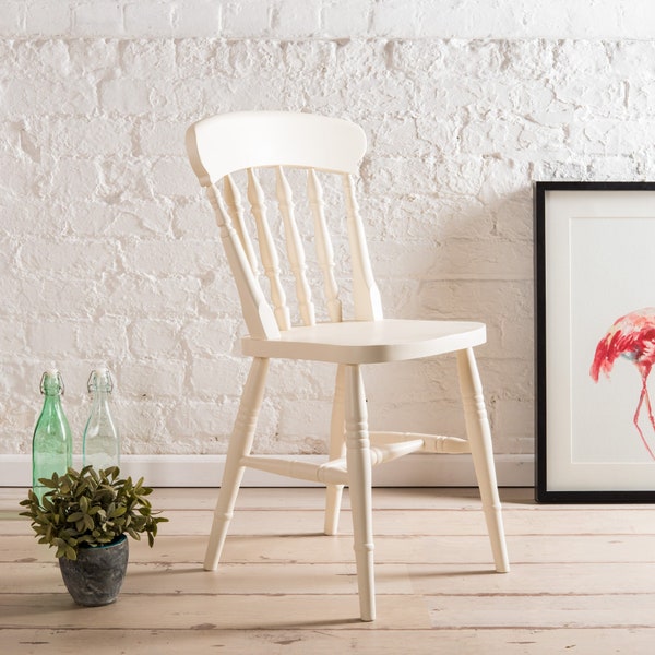 Farmhouse Dining Chairs painted in any Farrow and Ball colour. Solid hardwood chair with spindle Slat seat backs