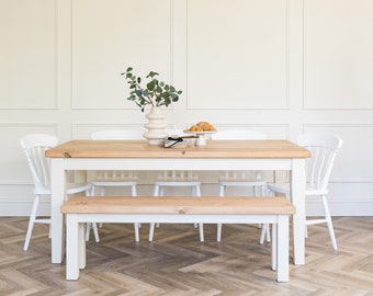 Mesa de comedor contemporánea y conjunto de banco - mesa de granja - madera rústica - hecha a mano en cualquier tamaño 6 pies 8 plazas - roble desgastado pata cónica