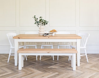 Contemporary Dining table and bench set -  farmhouse table - Rustic wood - handmade to any size 6ft 8 seater - weathered oak Tapered leg