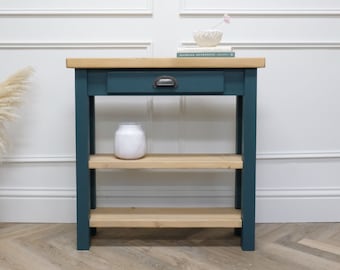 Rustic Pine wood top Console table with shoe rack. Small Hall side table with 2 shelves and painted base and single drawer. Made to any size