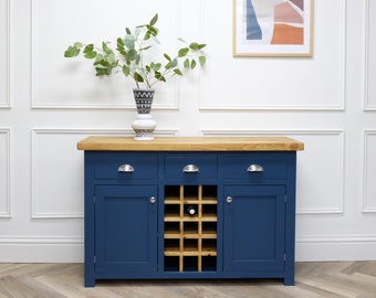 Large  2 door sideboard with wine bottle rack & 3 drawers. Handmade in any size or colour with rustic reclaimed wood top.