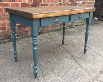 Rustic Pine Wood Writing Desk with 2 drawers . Dark Walnut Oak finish top, Inchyra Blue painted turned legs. Made to measure rustic console.