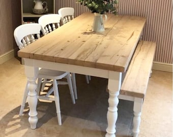 Farmhouse Dining Table Set with bench. Rustic reclaimed wood - handmade kitchen table in any size