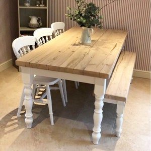 Farmhouse Dining Table Set with bench. Rustic reclaimed wood handmade kitchen table in any size image 1