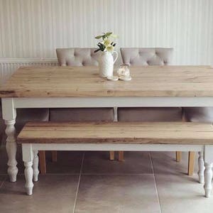 5ft Farmhouse dining table with rustic pine wood top and bench, made to measure custom, grey shabby chic farrow & ball painted 6 seater