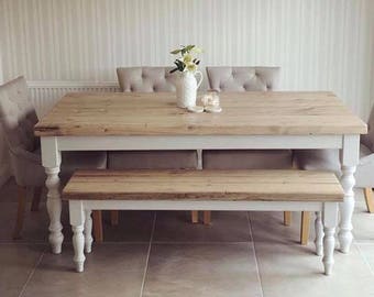 5ft Farmhouse dining table with rustic pine wood top and bench, made to measure custom, grey shabby chic farrow & ball painted 6 seater