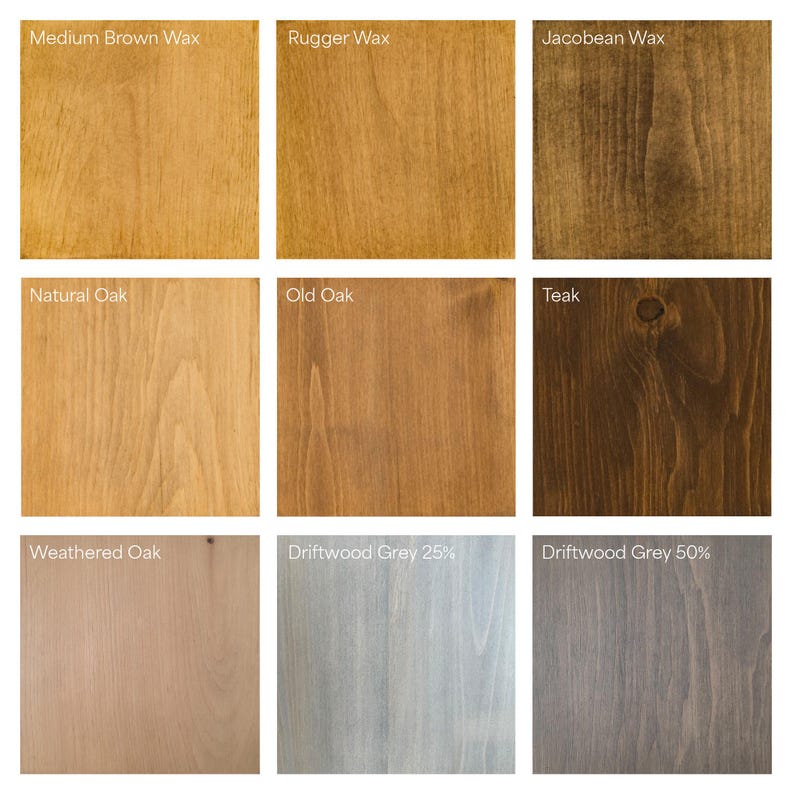 Op de afbeelding: Negen houtbeitsamples, die verschillende bruintinten, grijstinten en natuurlijk hout tonen. De samples zijn gelabeld met de namen van de beitsen: Medium Brown Wax, Rugger Wax, Jacobean Wax, Natural Oak, Old Oak, Teak, Weathered Oak, Driftwood Grey 25% en Driftwood Grey 50%.