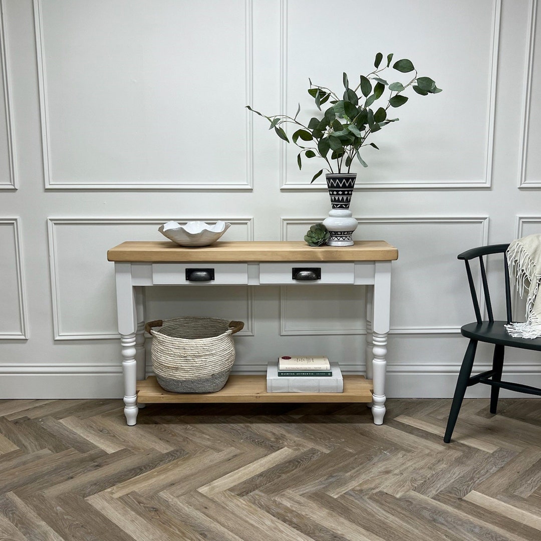 Farmhouse Console Table With Rustic Pine Wood Top and Turned Legs ...