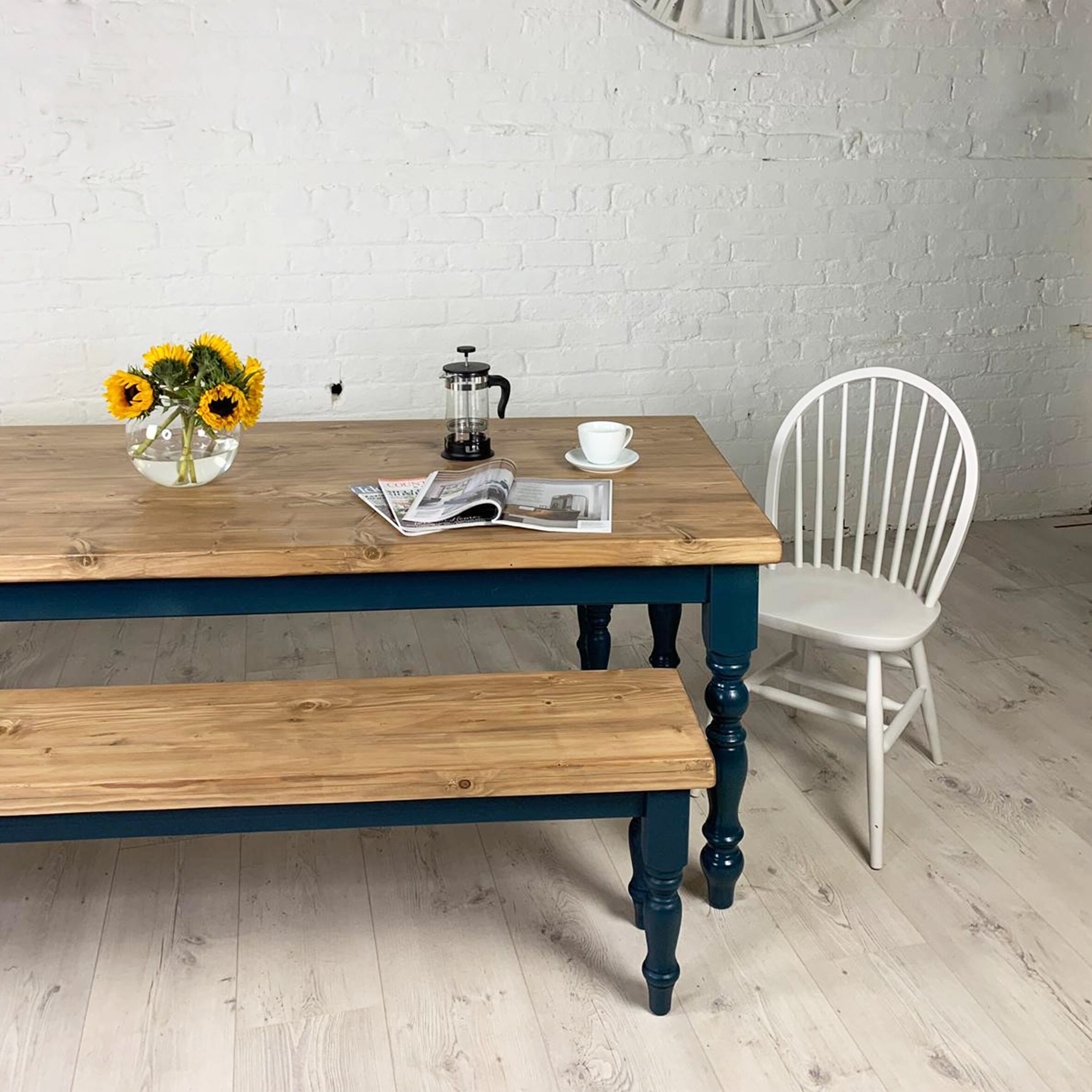 Farmhouse Kitchen Dining Table With Rustic Pine Top Set With Bench ...