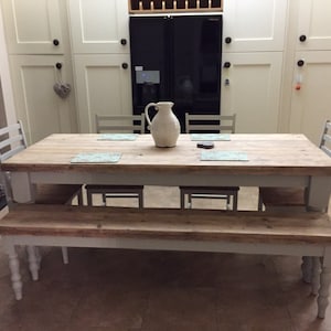 Farmhouse dining table with reclaimed wood top and bench, made to measure in any size, shabby chic farrow & ball painted 6 or 8 seater image 2