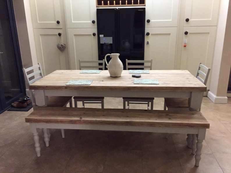 Farmhouse dining table with reclaimed wood top and bench, made to measure in any size, shabby chic farrow & ball painted 6 or 8 seater image 2