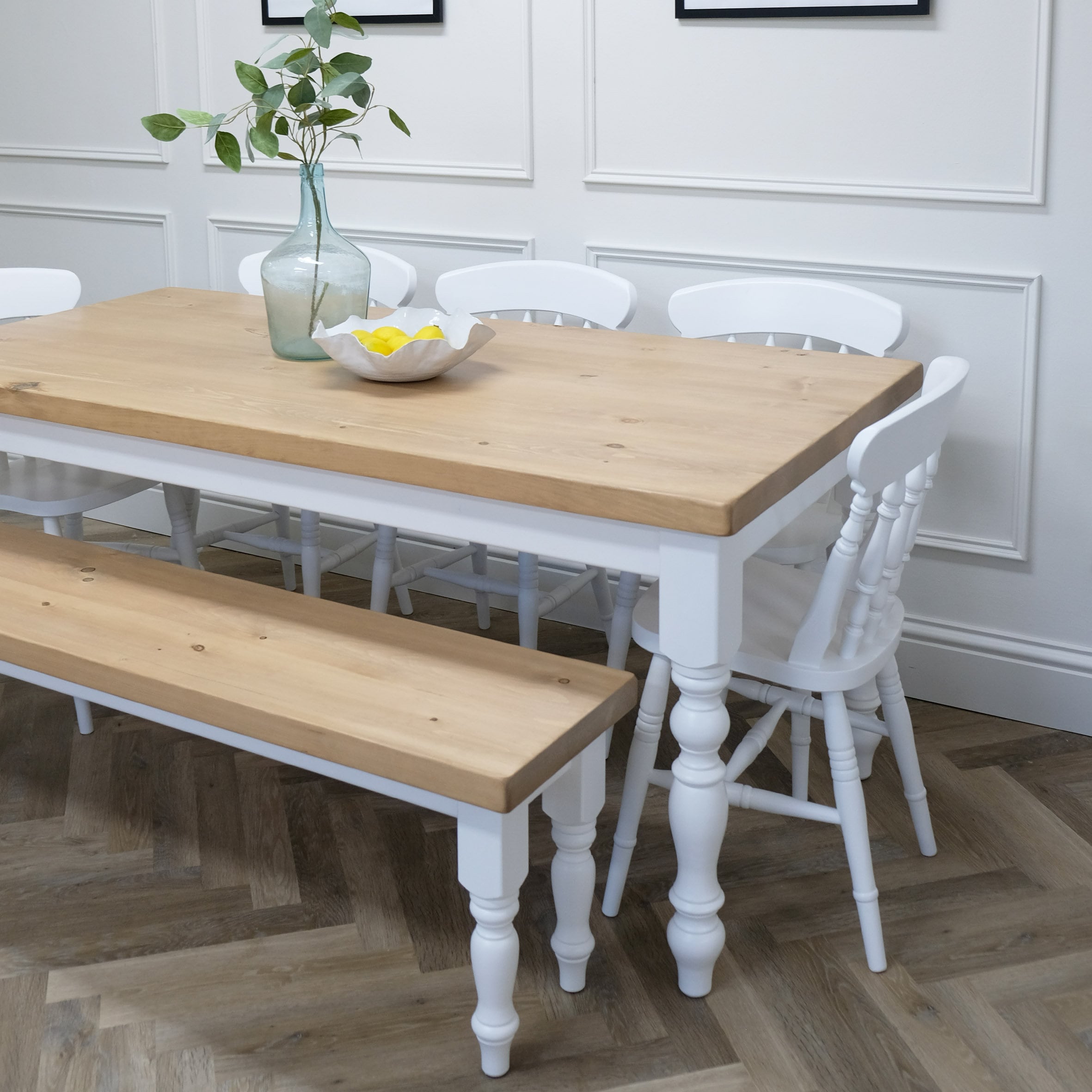 Farmhouse Kitchen Dining Table With Rustic Pine Top Set With Bench ...