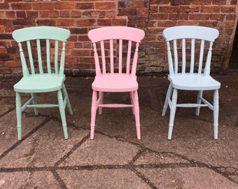 Painted to order Farmhouse Dining Chairs. Solid wood chairs finished in any Farrow and Ball paint colour with Slat chair backs