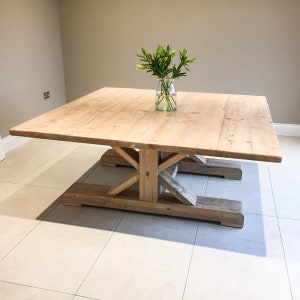 Extra Large 6ft Square rustic dining table with Trestle style cross Leg base, Handmade from reclaimed wood - 12 seater