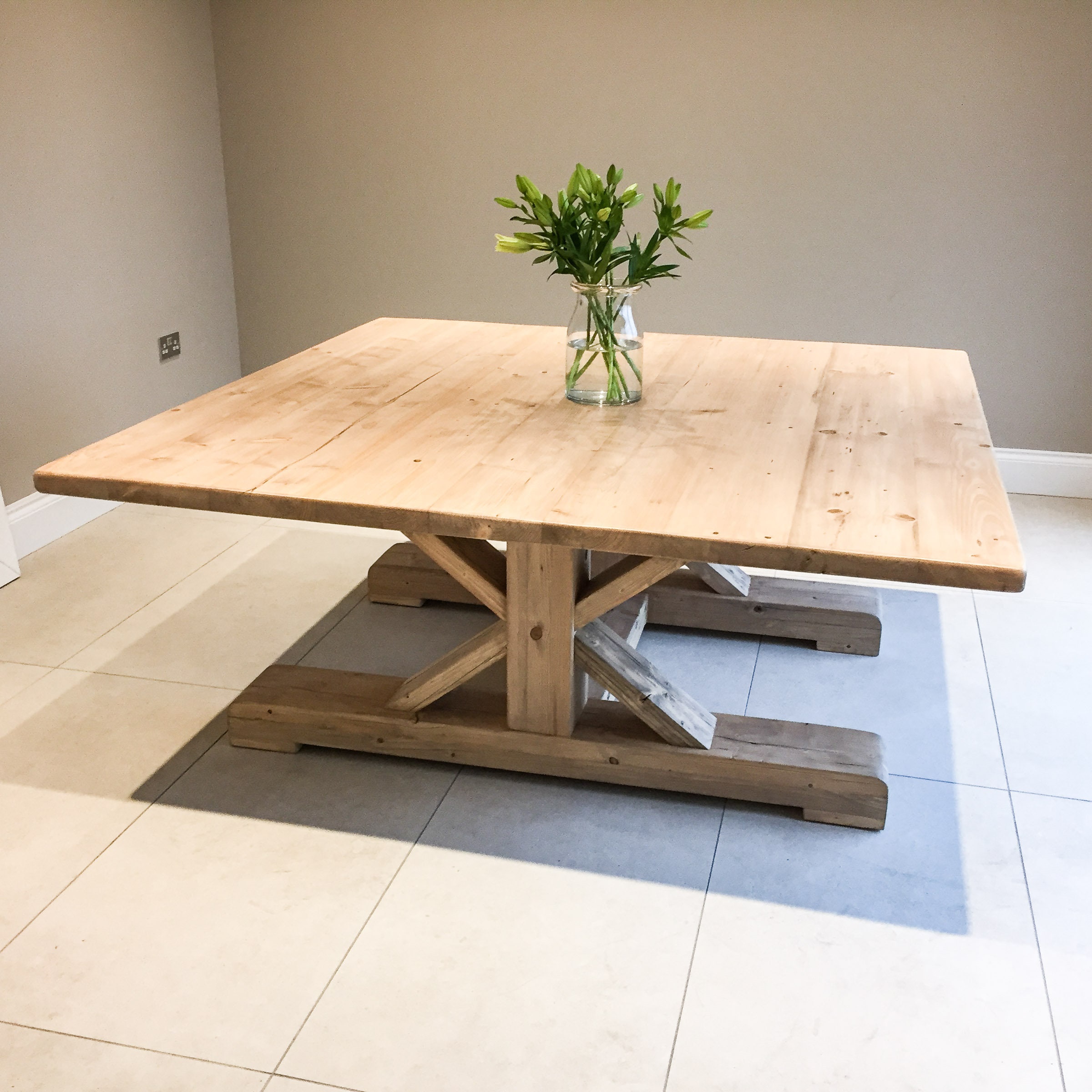 Extra Large 6ft Square Rustic Dining Table With Trestle Style Cross Leg  Base, Handmade From Reclaimed Wood 12 Seater 