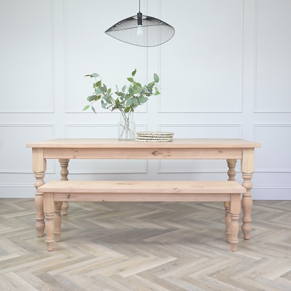 Farmhouse Dining Table Set With 2 Benches Rustic Solid Pine Wood