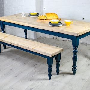 Farmhouse Dining Table Set with bench. Rustic reclaimed wood handmade kitchen table in any size image 2
