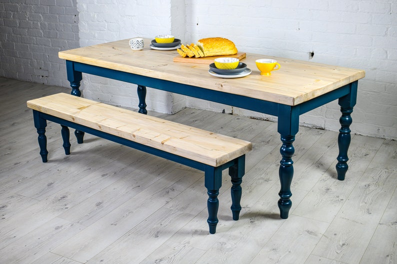 Farmhouse Dining Table Set with bench. Rustic reclaimed wood handmade kitchen table in any size image 2