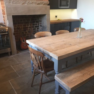Large Rustic Pine Wood Dining table & matching bench. Made to measure, 7 foot 2.1m, thick chunky top, Grey painted farmhouse base