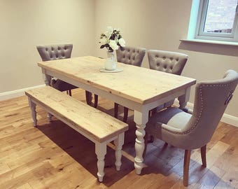 6ft Farmhouse dining table with matching bench and 4 upholstered chairs in light grey fabric. 6 to 8 seater table with Reclaimed wood top