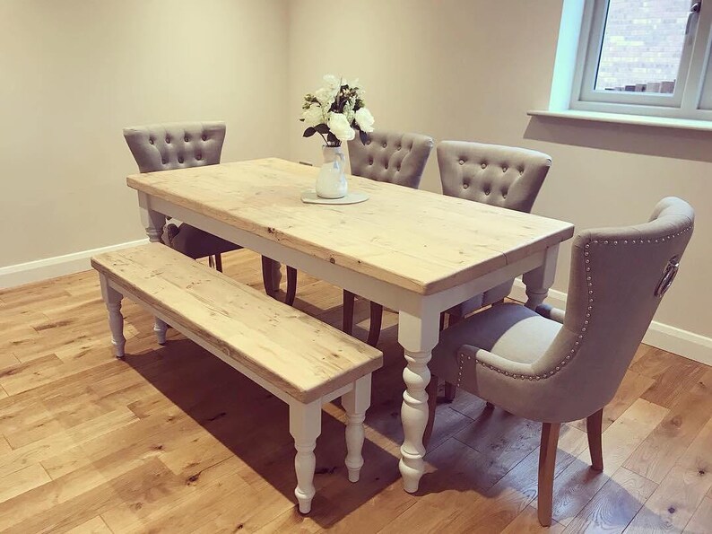 6ft Farmhouse Dining Table With Reclaimed Wood Top And Bench 6ft Farmhouse Dining Table With Reclaimed Wood Top And Bench Fabric 4 Chairs