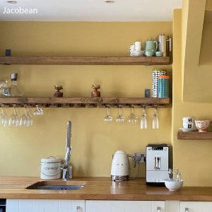 Rustic wood, made to measure chunky kitchen shelves. Metal brackets, wine glass holders, industrial, shelf, rack, floating, custom rustic