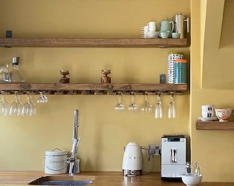 Rustic wood, made to measure chunky kitchen shelves. Metal brackets, wine glass holders, industrial, shelf, rack, floating, custom rustic