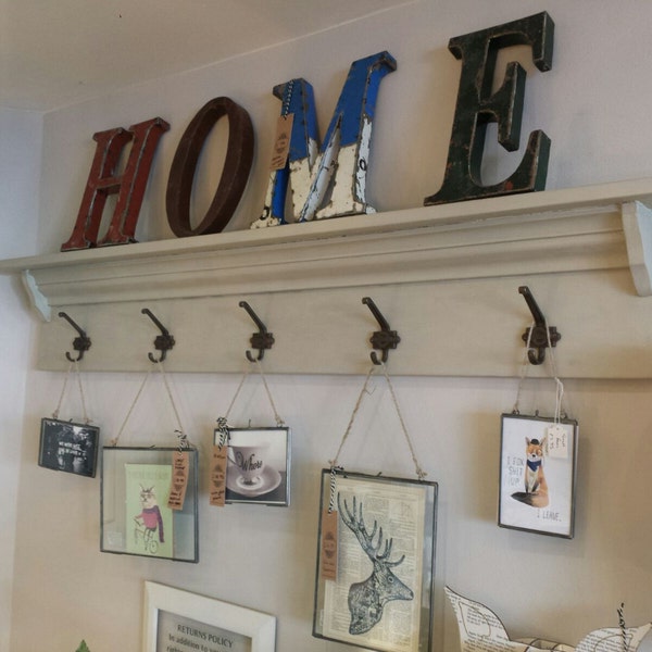 Wood Coat hook rack with shelf & London Underground hat and coat hooks. Made to measure. Painted Farrow and Ball Mantle hallway shabby chic