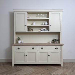 Large Shaker style welsh dresser. 2 drawer over 2 cupboard bottom and 2 cupboard 3 shelf top. Weathered oak top & painted base contemporary