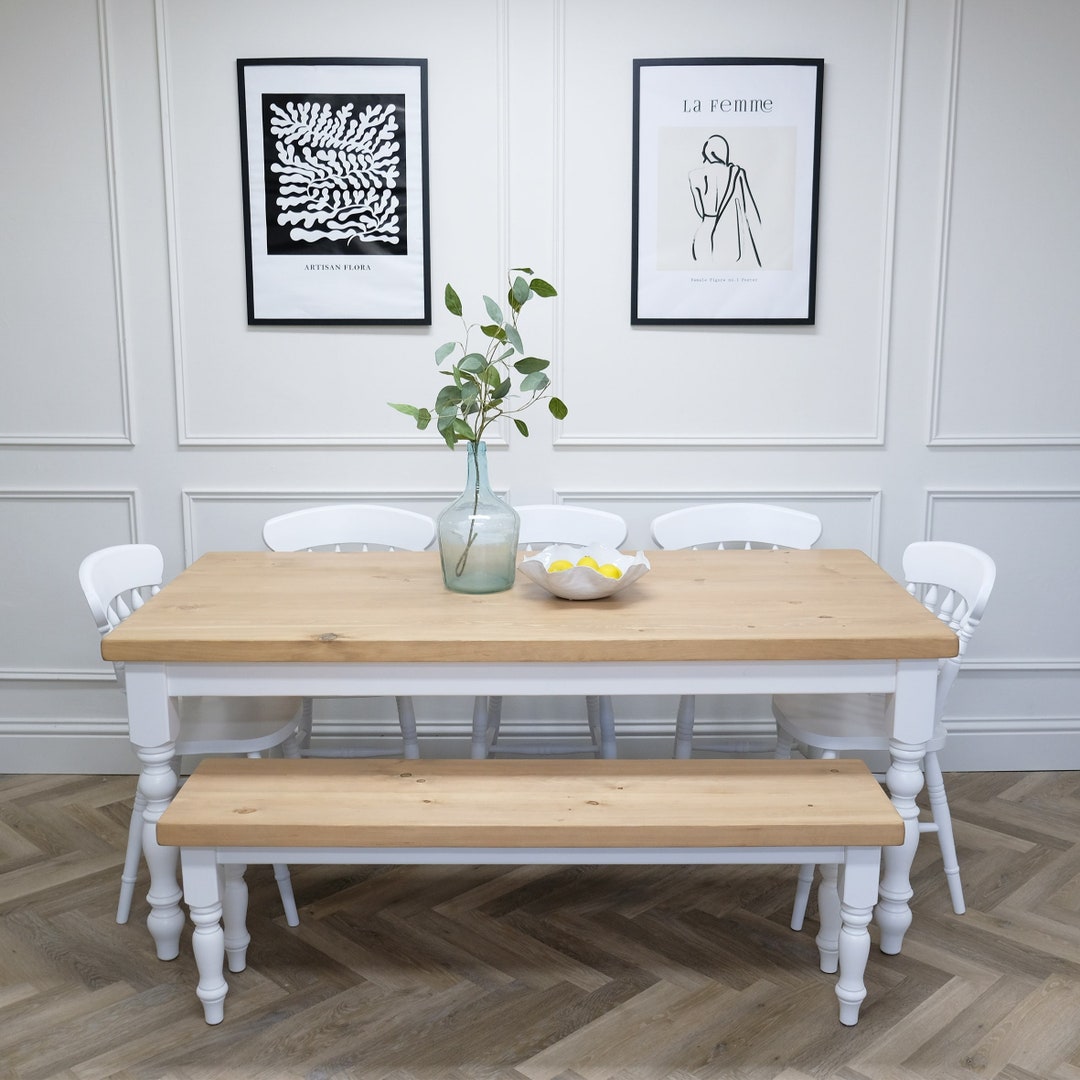 Farmhouse Kitchen Dining Table With Rustic Pine Top Set With Bench ...