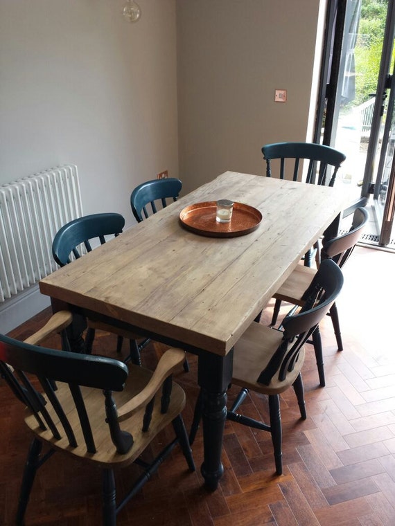 Hague Blue Farmhouse Dining Table With Rustic Pine Wood Top. Made