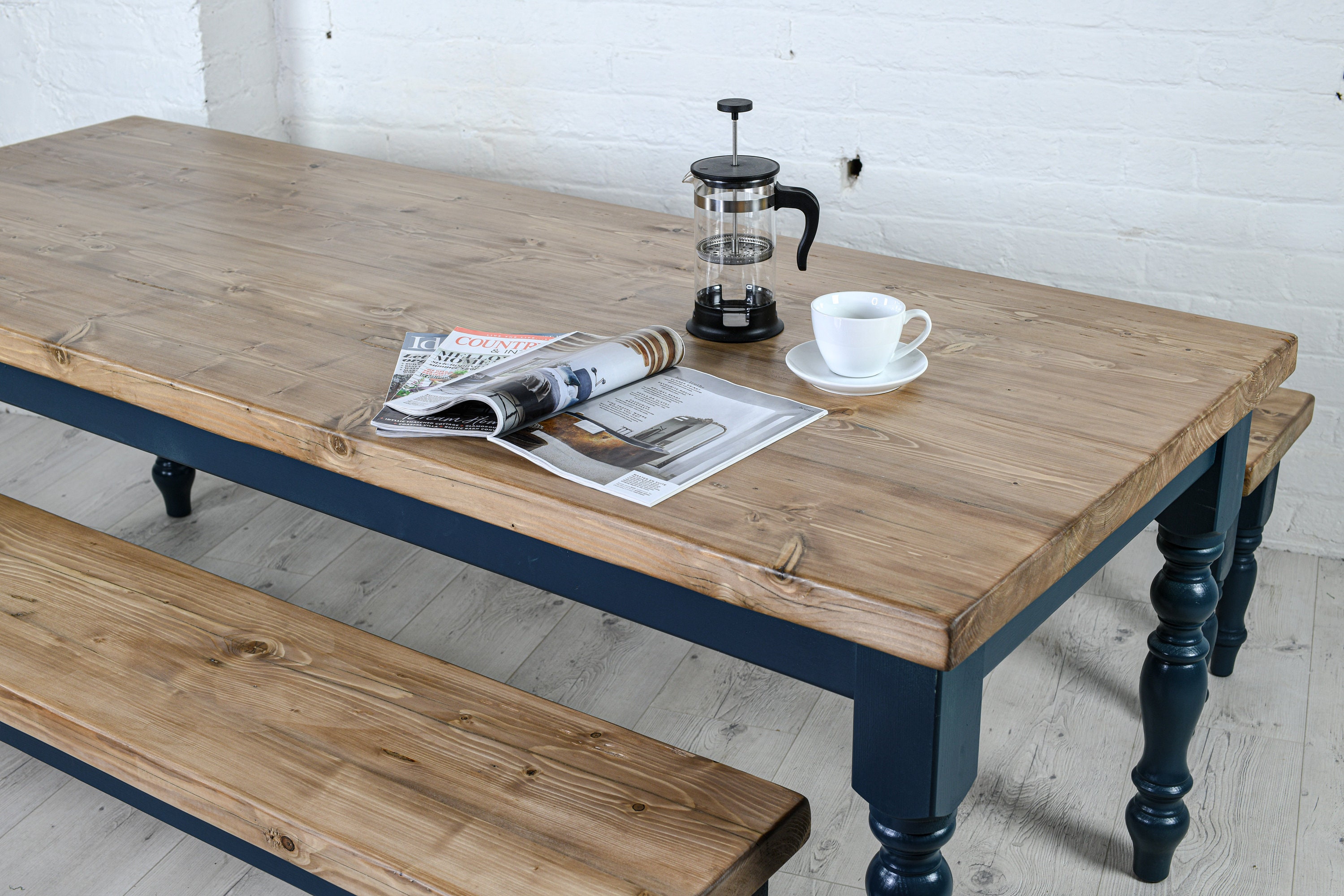 Farmhouse Dining Table and Bench Set - Rustic Kitchen Table, Thick ...