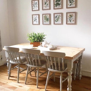 6ft Farmhouse dining table with matching bench and 3 chairs. Made to measure in any size with thick rustic pine wood top. Customisable.